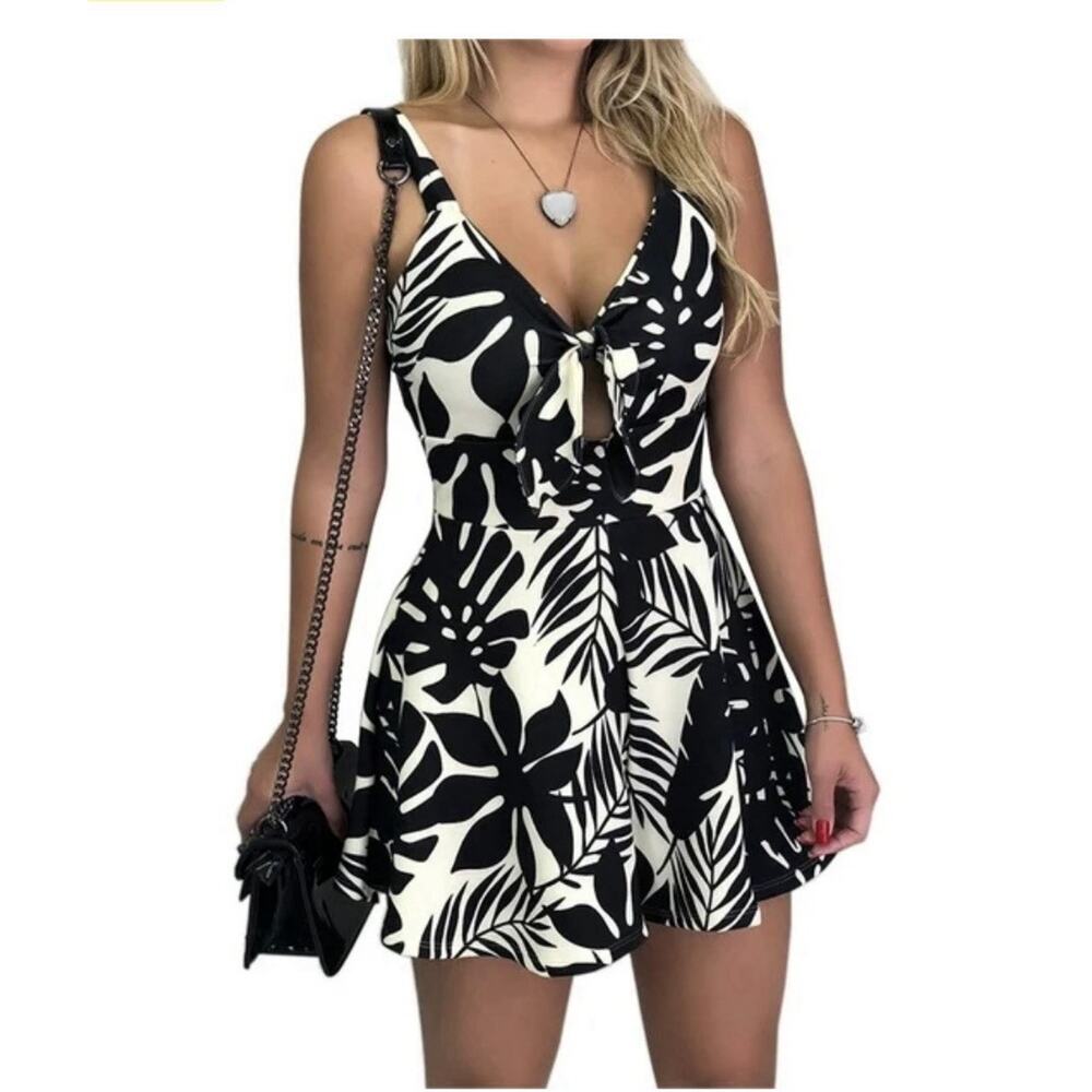Tropical Palm Frond Tie Front Romper Keyhole Black White Resortwear Boho